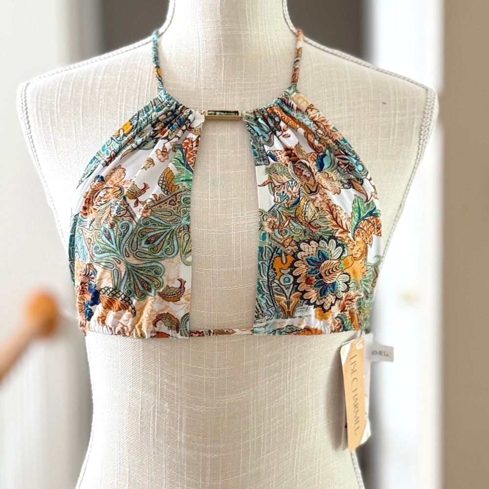 Lise Charmel Cashemere Evasion Paisley Halter Bikini Top Gold Hardware Small NEW